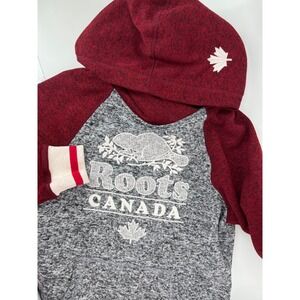 Roots Cabin Canada Raglan Hoodie Mens XS Grey Burgundy Marled Beaver Pullover